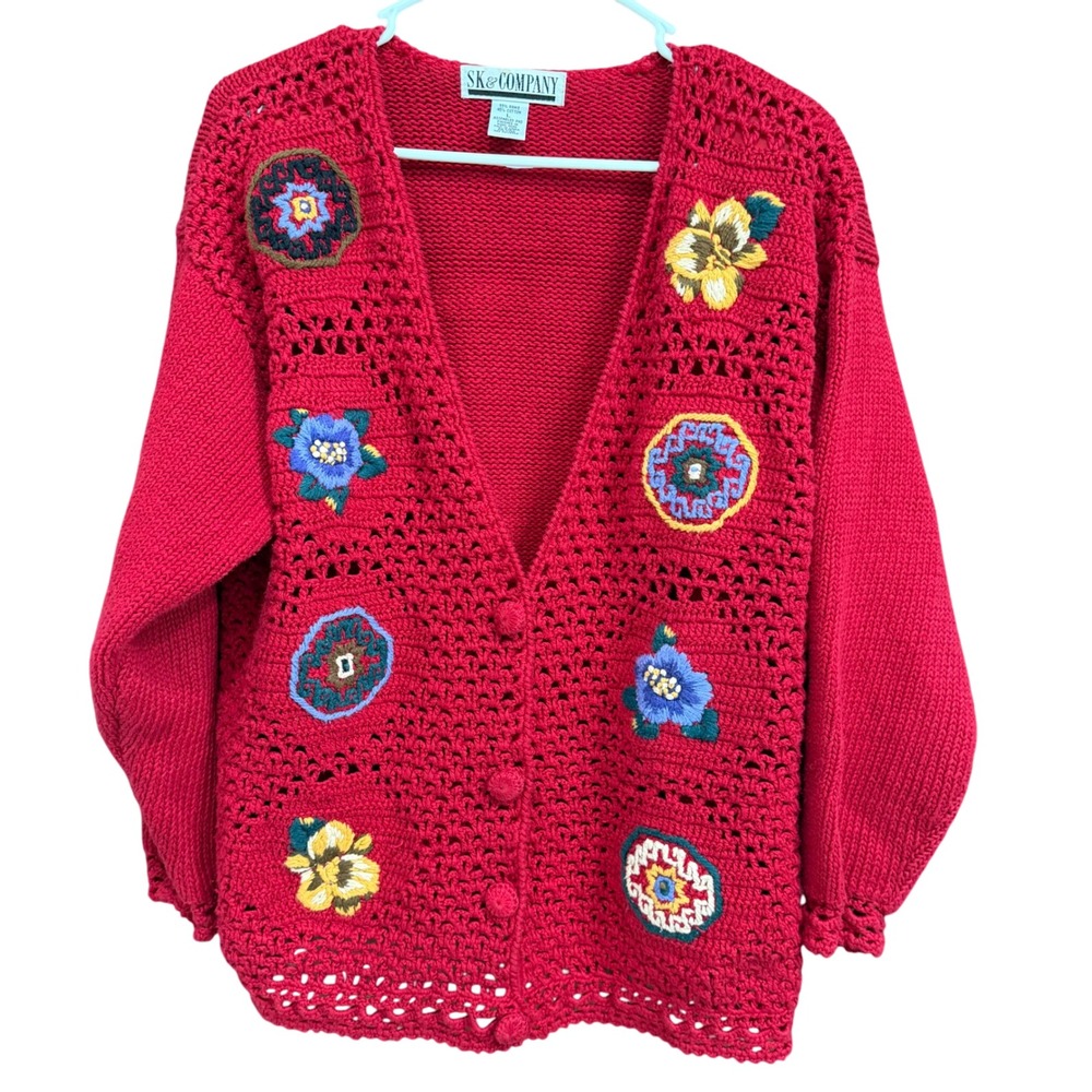 SK & Company Red Crochet Trim Knit Sweater Ramie Cotton‎ Women's Large
